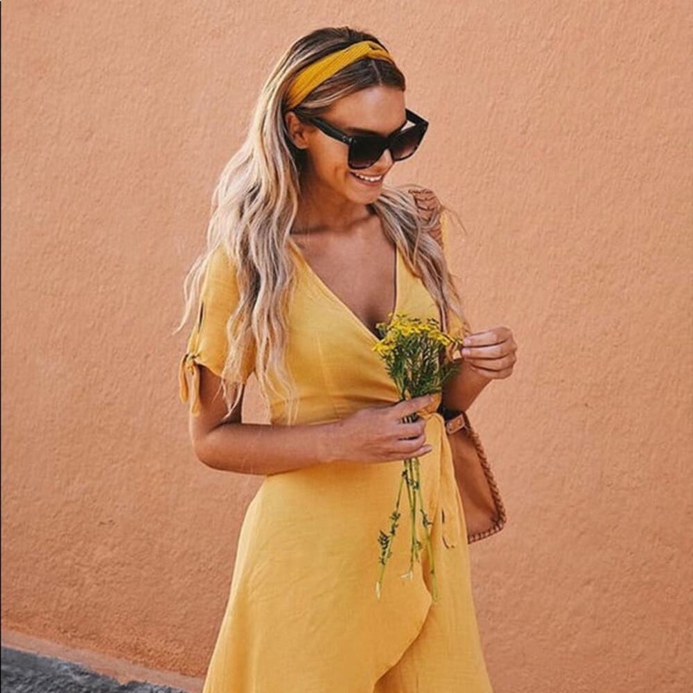 Lulus My Philosophy Golden Yellow Tie Sleeve Wrap Dress Size XS